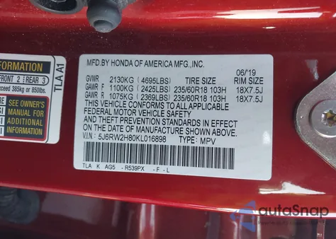 2019 Honda Cr-V Ex-L из США, поврежденный, VIN 5J6RW2H80KL016898